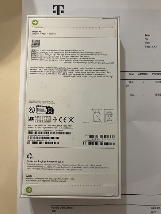 Iphone 17 Air 512GB/cloud white/Sigilat/Factura