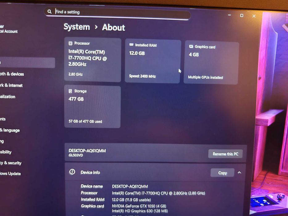 Laptop gaming Asus Rog GL503VD i7-7700HQ/GTX 1050/12 gb ram/512 SSD