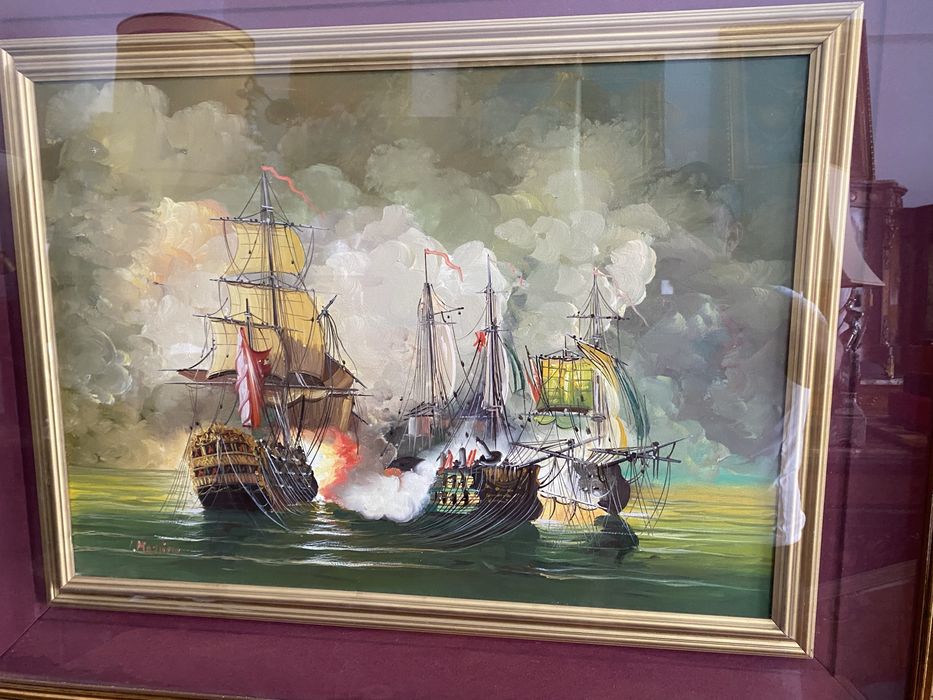 Tablou Vintage Pictura Ulei pe Panza Rama Lemn Razboi Naval