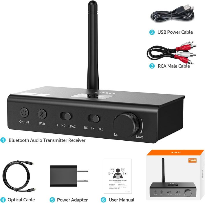 1Mii DS700 HiFi Bluetooth Audio Transmitter Receiver with LDAC with Audiophile DAC for TV Home Stereo, Optical & Coaxial Input/Output