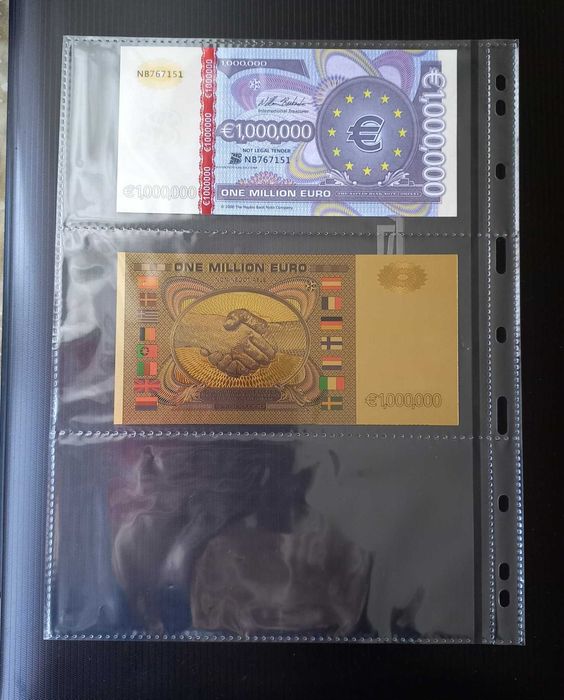 2 бр. сувенирни банкноти  / 1млн. €  + 100 $ САЩ , на черно зл. фолио/ за 9 € .
