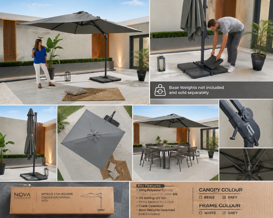 Umbrelă Cantilever Nova Outdoor Living Apollo 2.5x2.5m Gri - Nouă