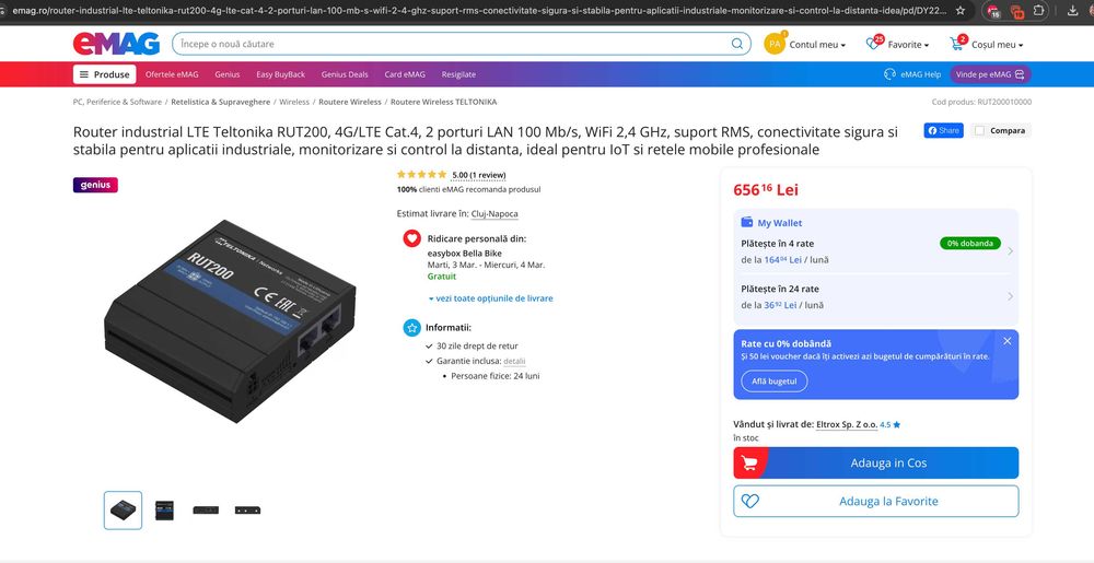 Router industrial Teltonika RUT200, Cat4, 4G LTE, IoT cu SIM