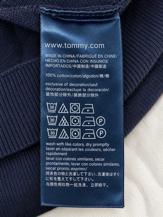 Pulover Tommy Hilfiger bărbați bleumarin cu mâneci contrastante alb-gri, logo TH mare pe piept, 100% bumbac, mărimea XXL