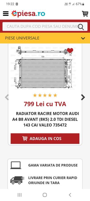 Radiator apa Audi A4 an 2011, 2.0 Diesel automat 143cp 105kw bun