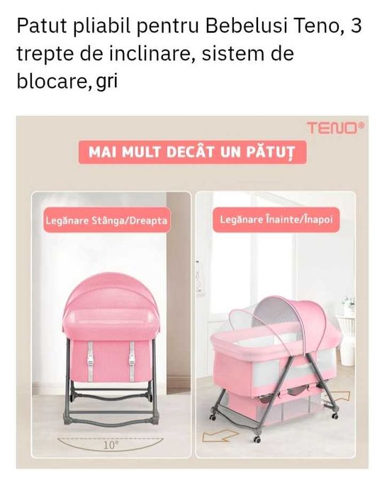 Pătuț pliabil pentru bebeluși, 3 trepte de înclinare, sistem de blocare, plasă anti-insecte, coș depozitare, gri.