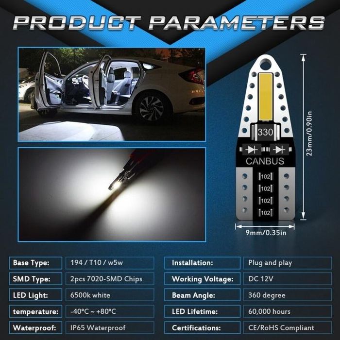 комплект 2 броя диодни габаритни крушки t10 led can bus 2 smd 7020 ...