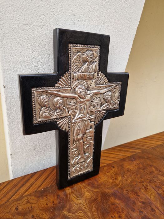 Страхотна антикварна сребърна икона кръст сертификат