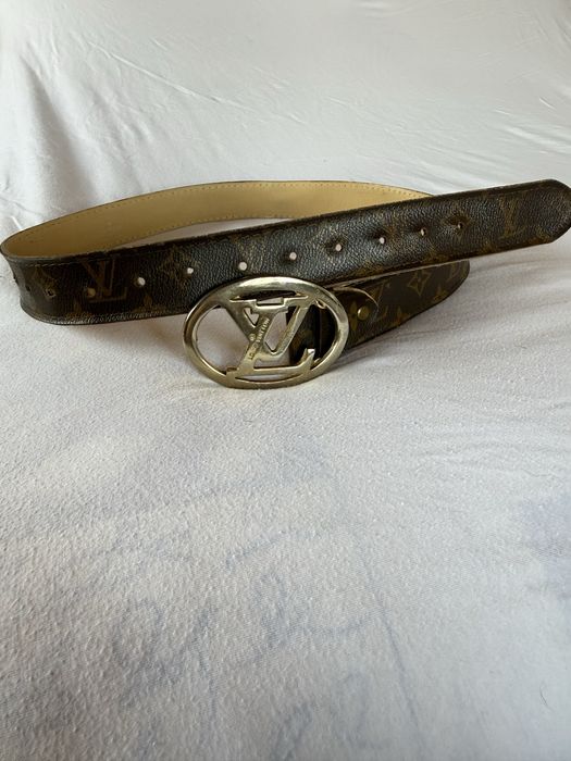 Curea maro cu catarama aurie/ Brown Leather Monogram Belt - - Gold Buckle