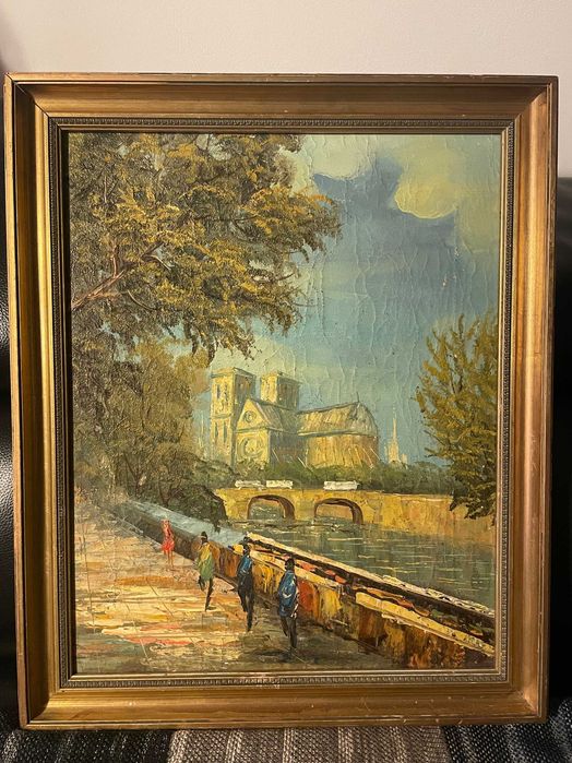 Tablou vechi ulei pe panza - Peisaj urban cu catedrala si rau, 47 x 57 cm, cu rama