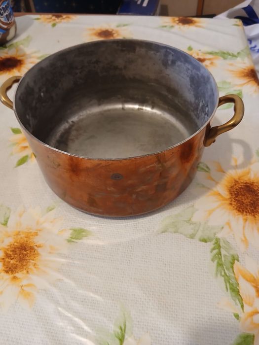 Oală / Cratiță mare din cupru masiv cu capac și mânere din alamă – Vintage