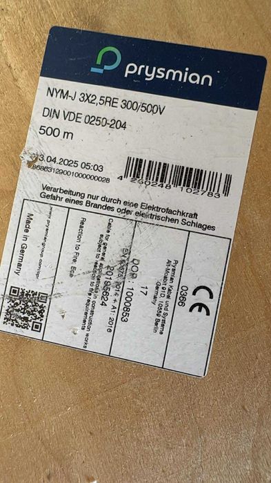 Cablu Prysmian NYM-J 3x2.5 – tambur 500m Vând cablu electric Prysmian, 3x2.5 mm², tambur complet 500 metri.