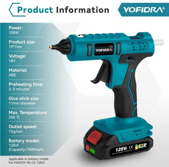 Пистолет за топъл силикон YOFIDRA  с 2 батерии