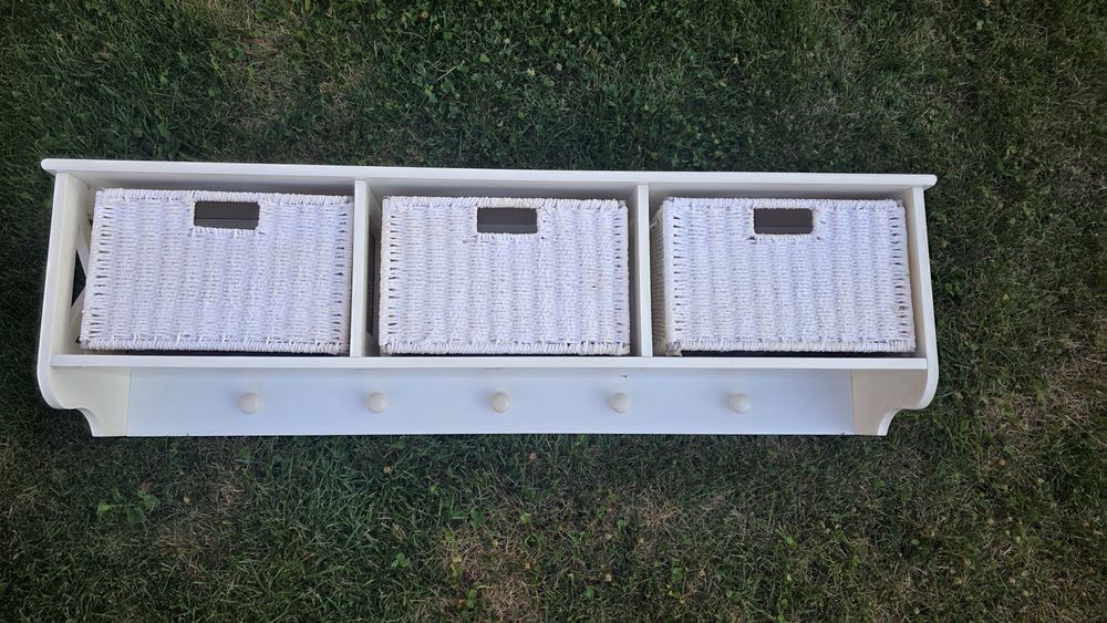 Cuier de perete pentru hol (raft suspendat), din lemn, alb, cu 3 sertare