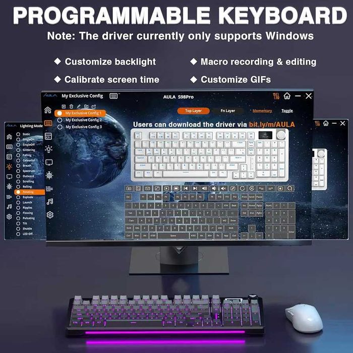 Механична Клавиатура AULA S98 Pro – LCD Смарт Екран, Ролер, Безжична