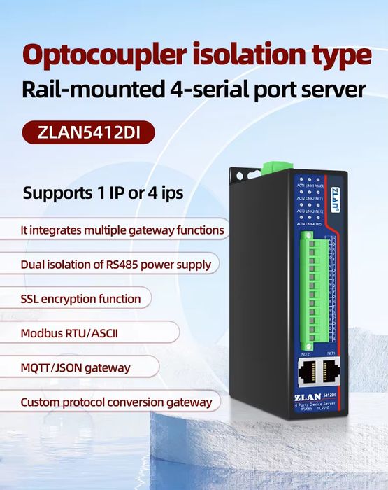 ZLAN5412DI – 4-канален RS485 мулти-сериен порт към Ethernet порт Modbu