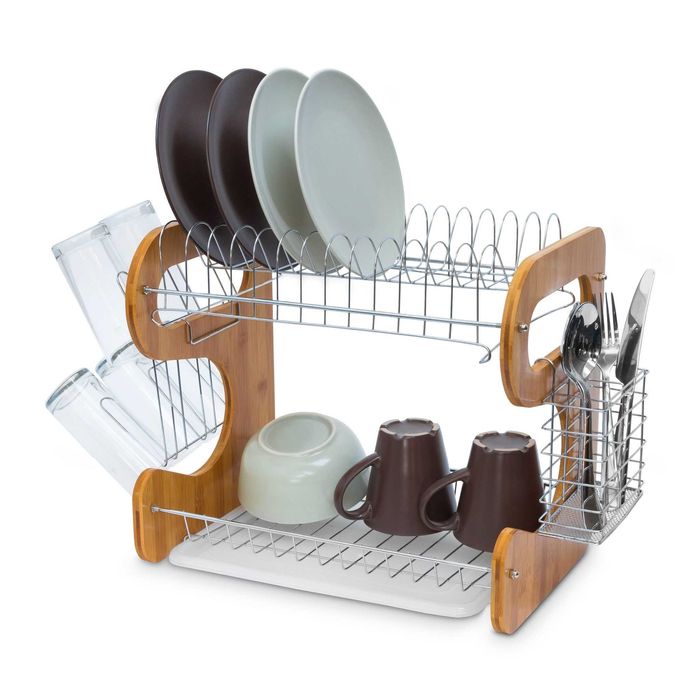 Scurgator pentru vase din bambus si metal cu suport pahare si tacamuri