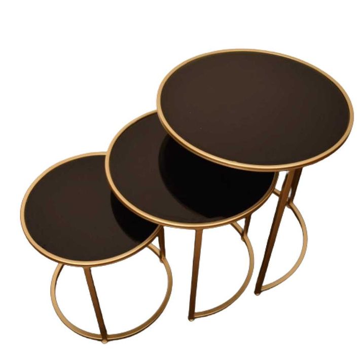 Set mese sticla 3 in 1 rotund negru cadru auriu -TRANSPORT GRATUIT