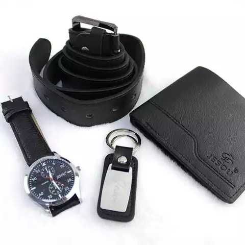 Луксозен мъжки подаръчен Сет Часовник, Колан, Ключодържател, Портфейл