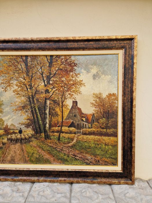 Уникална голяма антикварна белгийска картина масло върху платно