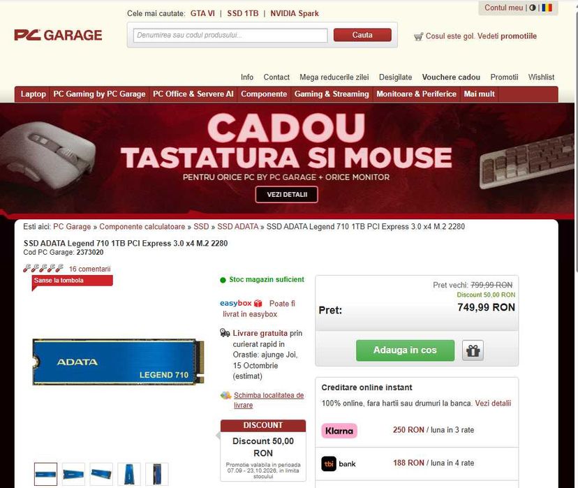 SSD ADATA Legend 710 1TB PCI Express 3.0 x4 M.2 2280 folosit putin si in stare perfecta