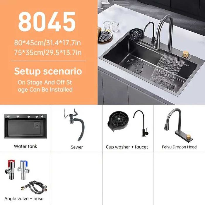 Луксозна голяма кухненска мивка със смесител и аксесоари 80см 75см