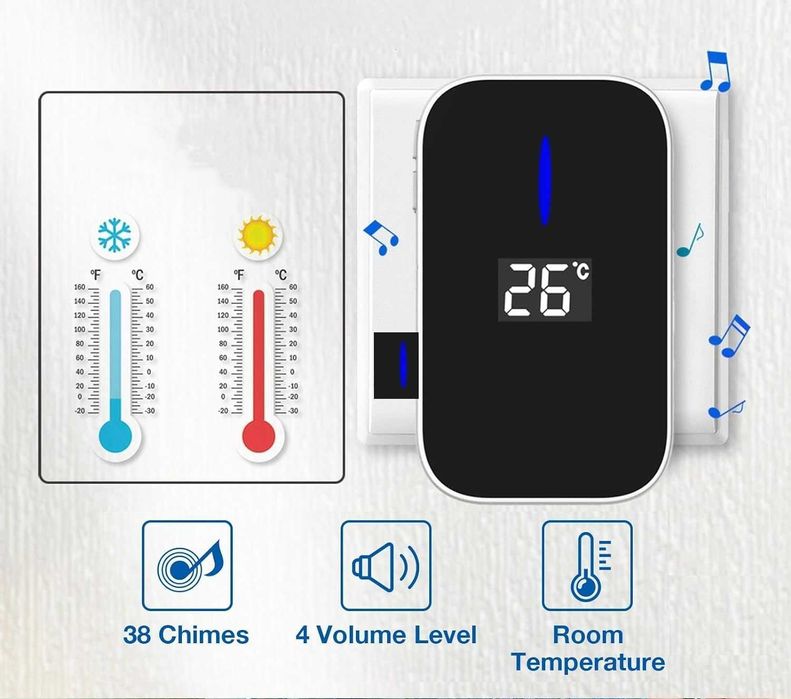 Комплект безжичен звънец с термометър, 38 опции на звънене-2 бр.