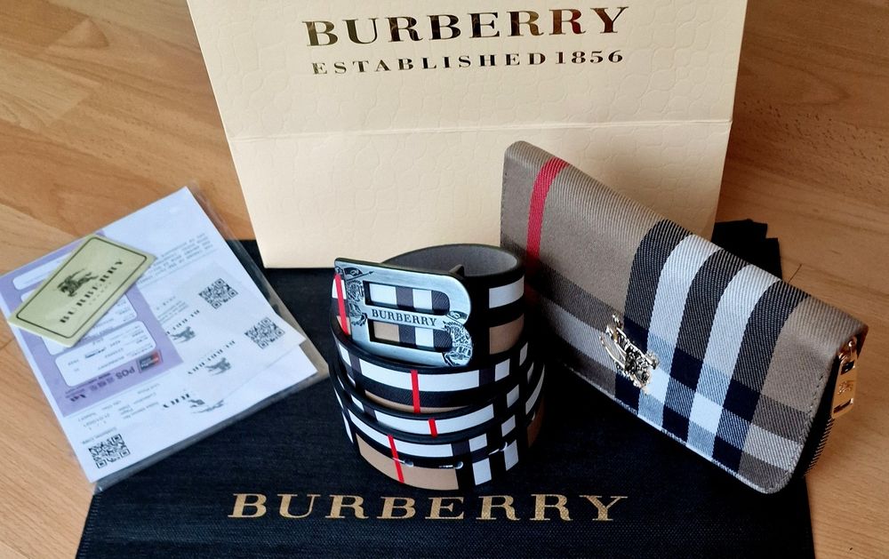 Curea+portofel Burbbery/set,logo metalic,saculet, etichetă