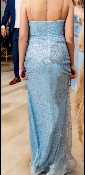 Rochie lungă elegantă bleu cu paiete – banchet/nuntă