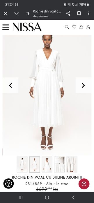 Rochie Nissa albă din voal cu buline argintii