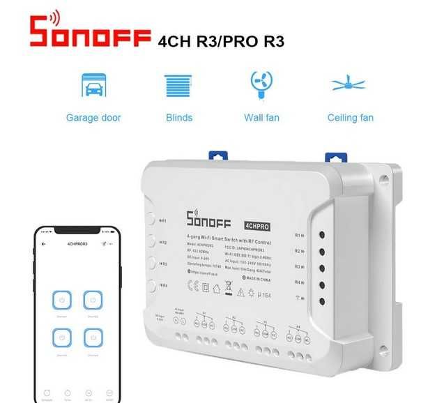 Sonoff 4CH PRO R3- WiFi смарт реле AC/DC с 4 изхода 10A + RFконтр