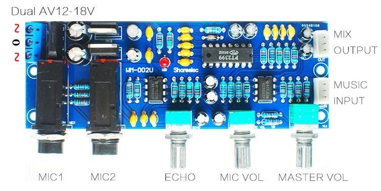Preamplificator de microfon cu 2 intrari cu NE5532 si PT2399