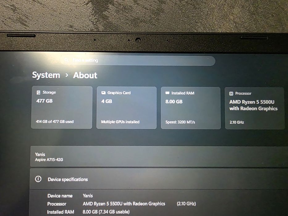 Vând laptop gaming Acer Aspire 7, Ryzen 5 5500U, GTX 1650