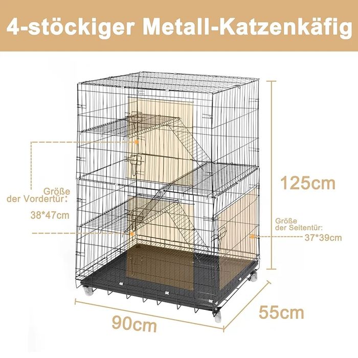 90х55х125см Голяма котешка клетка/ къща с 4 нива, стълбички и колела