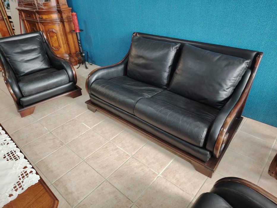 Set rar canapea si 2 fotolii lemn tec mahon piele naturala Danemarca