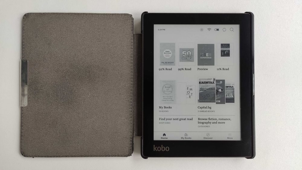 Kobo Aura – електронен четец, 6", подсветка, с калъф, отличен вид