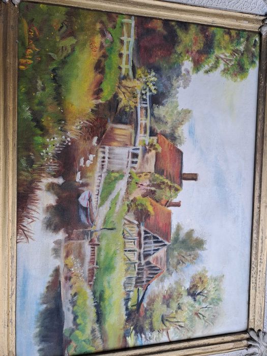 tablou romanesc pictura pe panza 53/43 cm semnat datat 1980