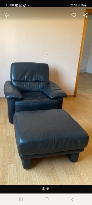 Set canapea piele naturală fixa 3 locuri,plus fotoliu și taburet.