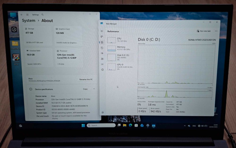 15.6' IPS Asus Intel Core i5-1240P 16-ядрен/16GB/512GB SSD/Intel Iris