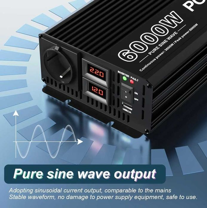 Invertor Houli  12V  6000W/ continuu 3000 W, unda sinusoidala pura.