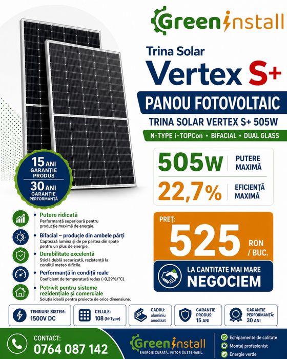 Panou fotovoltaic (panouri solare)  Trina Solar Vertex S+ 505W, N-Type, bifacial, sticlă dublă