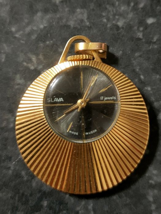 Ceas Damă, Tip Pandantiv, SLAVA, Mecanic, Placat cu Aur, 17 Rubine