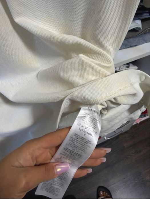 Gucci Polo alb original, guler Web roșu/albastru, mărimea L
