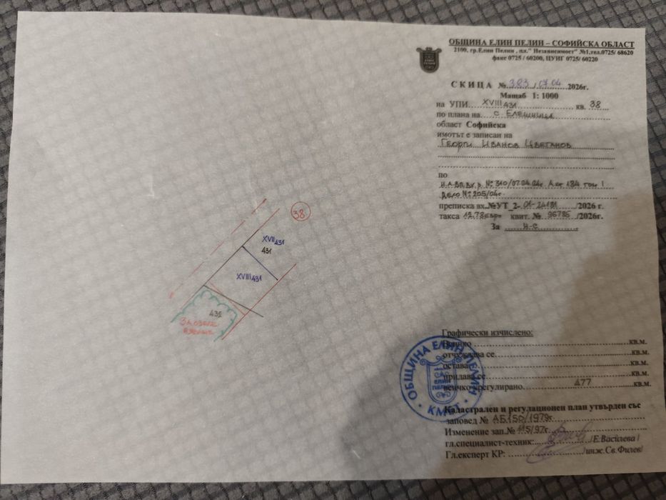 Продавам парцел 477кв.м. с вода УПИ