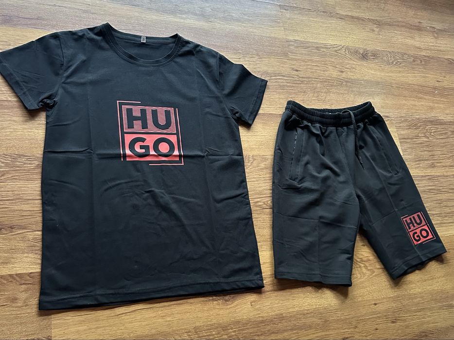 Мъжки,памучен,черен къс комплект Hugo BOSS с червено лого и ципове на джобовете
