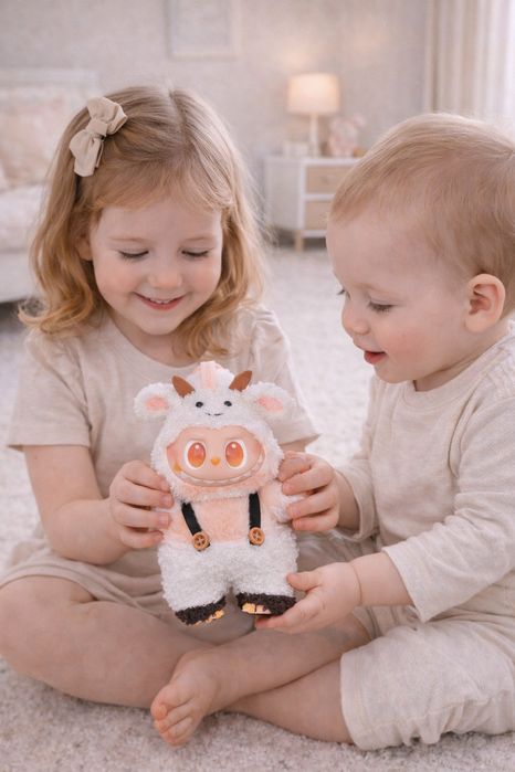 Jucarie de plus breloc - tip Labubu - 15 cm - imbracat in vacuta