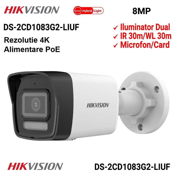 Camera supraveghere video 8MP Hikvision DS-2CD1083G2-LIUF POE IP lentila 2.8mm Smart Hybrid Light 30m microfon slot card noua