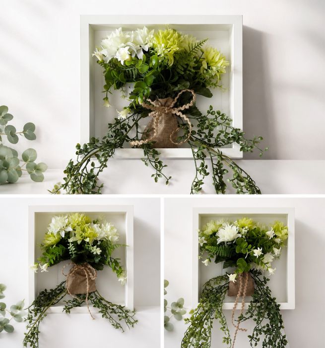 Decorațiune de perete Handmade 25x25 cm – Ramă 3D cu flori artificiale | Decor rustic elegant