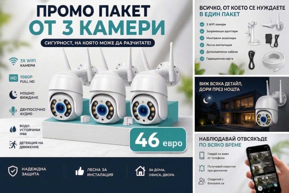 3 WiFi камери | HD | Нощно виждане | Приложение iCSee 46€ Промо пакет3бр