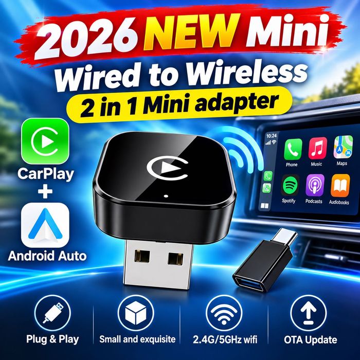 Безжичен CarPlay / Android Auto адаптер 2 в 1 – Wireless Mini 2026